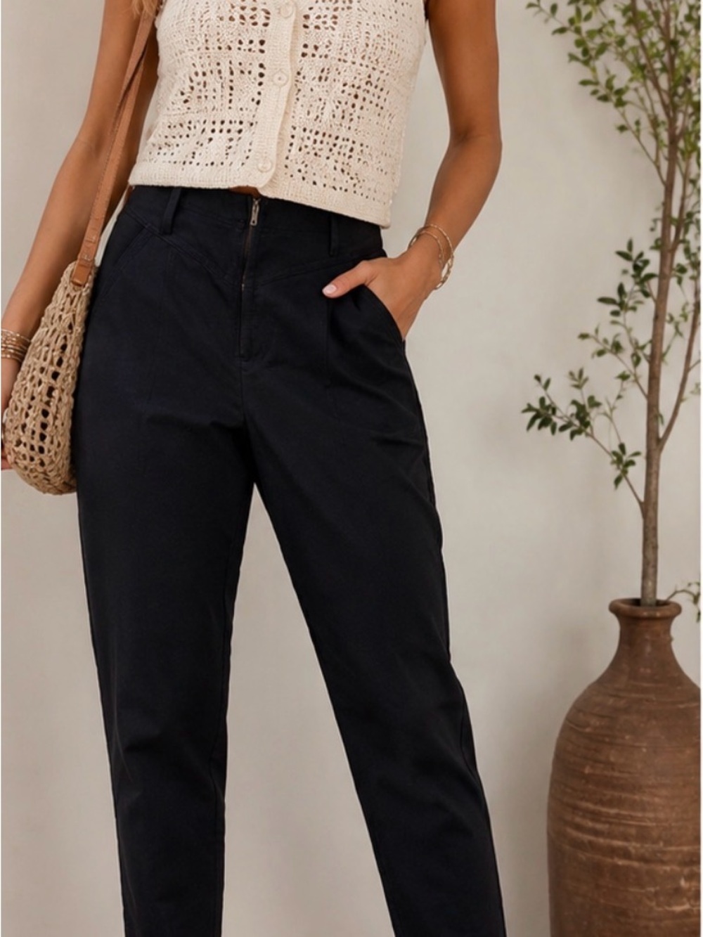 IRO Paris Black Cropped Tailored Trousers High Rise Front Zip Ankle Pants